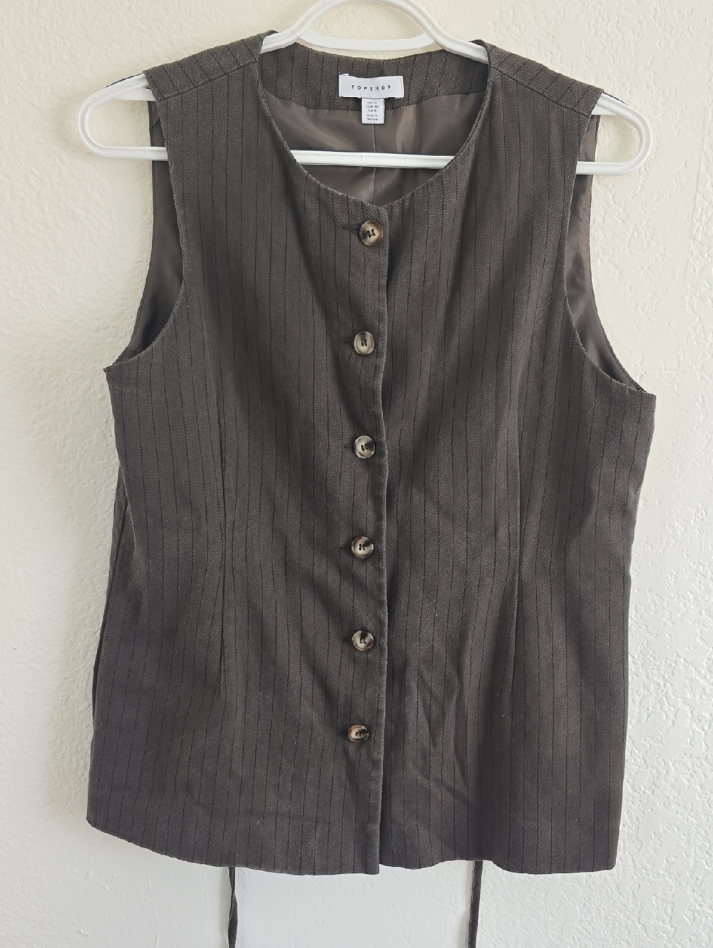 Topshop Dark Brown Pinstripe Sleeveless Button-Front Tunic Vest
